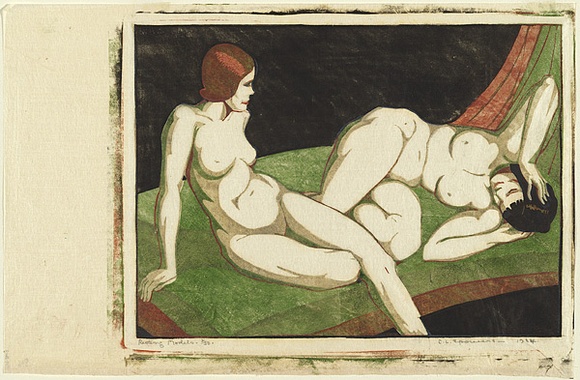 Artist: Spowers, Ethel. | Title: Resting models | Date: 1933-34 | Technique: linocut, printed in colour inks, from four blocks (green, reddish brown, black, beige)