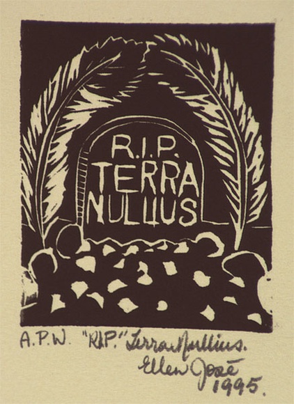 Artist: JOSE, Ellen | Title: R.I.P. terra nullius | Date: 1995, December | Technique: linocut, printed in black ink, from one block