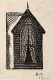 Artist: b'OGILVIE, Helen' | Title: bnot titled [Cable window with lace curtains - a design used for catalogue covers/invitations for the artist's exhibitions]. | Date: c.1944 | Technique: b'wood-engraving, printed in black ink, from one block'