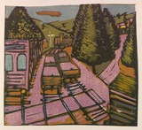 Artist: b'ROSENGRAVE, Harry' | Title: b'Belgrave rail [2].' | Date: 1952 | Technique: b'linocut, printed in colour, from four blocks'