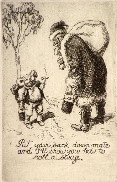 Artist: b'LINDSAY, Lionel' | Title: bChristmas card: Put your sack down mate and I'll show you how to roll a swag | Date: 1958 | Technique: b'etching, printed in black ink, from one plate' | Copyright: b'Courtesy of the National Library of Australia'