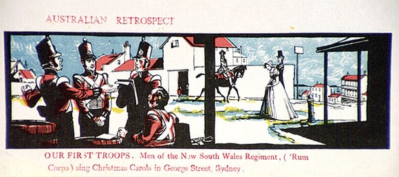 Artist: b'Wallace-Crabbe, Kenneth.' | Title: b'Greeting card: Our first troops' | Date: 1960s | Technique: b'wood-engraving, printed in colour, from multiple blocks' | Copyright: b'Courtesy the estate of Kenneth Wallace-Crabbe'