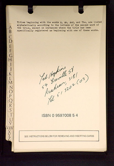 Artist: b'HOPKINS, Ted' | Title: bTeledex. 1980 Prahran, Backyard Press, 1980: an artist's book published in the form of a telephone directory, containing [88] pp. | Date: (1980) | Technique: b'offset-lithograph, printed in black ink'