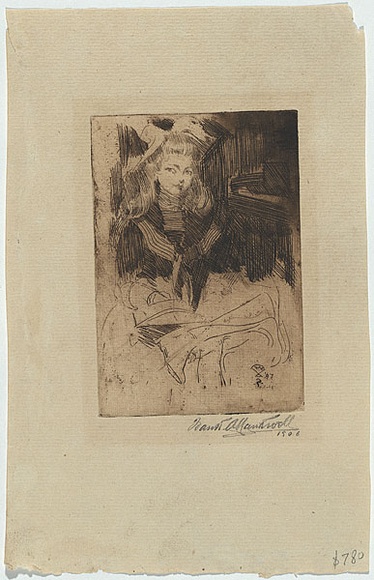 Artist: b'Nankivell, Frank A.' | Title: b'(Young girl sitting with a book)' | Date: 1897 | Technique: b'etching, and aquatint, printed in brown ink with plate-tone, from one copper plate'