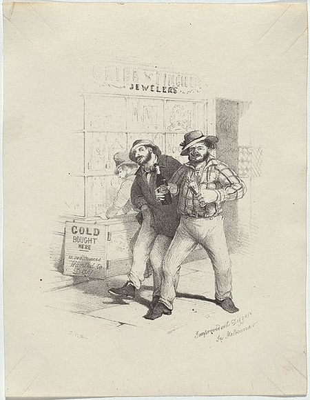 Artist: b'GILL, S.T.' | Title: b'Improvident diggers in Melbourne.' | Date: 1852 | Technique: b'lithograph, printed in black ink, from one stone'