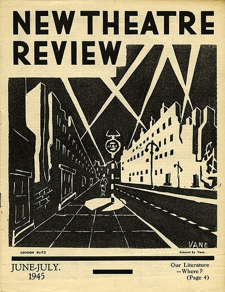 Title: b'New theatre review: June-July 1945' | Date: May 1945 | Technique: b'linocut, printed in black ink, from one block; letterpress text'