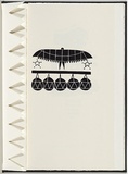 Artist: b'White, Robin.' | Title: b'Not titled (spreadeagled bird above hanging coconuts).' | Date: 1985 | Technique: b'woodcut, printed in black ink, from one block'