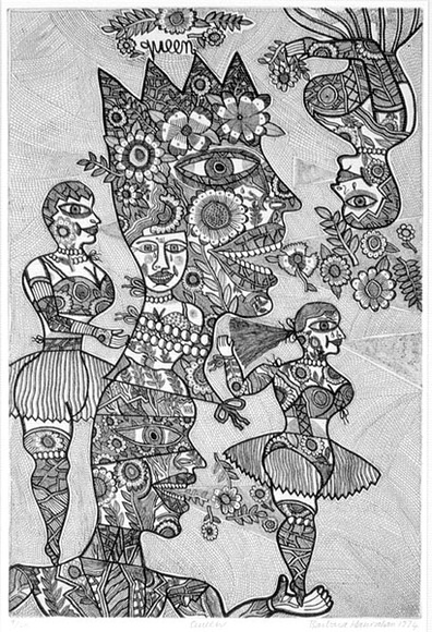 Artist: b'HANRAHAN, Barbara' | Title: b'Queen' | Date: 1974 | Technique: b'etching, printed in black ink with plate-tone, from one plate'