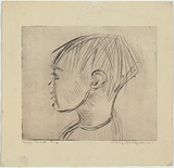 Artist: b'MACQUEEN, Mary' | Title: bBoy's head | Date: c.1960 | Technique: b'drypoint, printed in black ink with plate-tone, from one zinc plate' | Copyright: b'Courtesy Paulette Calhoun, for the estate of Mary Macqueen'