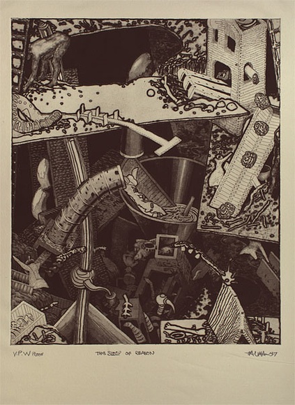 Artist: Ralph, Timothy | Title: The sleep of reason | Date: 1987 | Technique: etching and sugarleft, printed in black ink, from one plate | Copyright: © Timothy Ralph. Licensed by VISCOPY, Australia