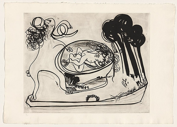 Artist: b'BOYD, Arthur' | Title: b'(Potter with beast and trees).' | Date: 1960-70 | Technique: b'etching and aquatint, printed in black ink, from one plate' | Copyright: b'This work appears on screen courtesy of Bundanon Trust'