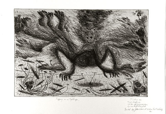 Artist: b'COLEING, Tony' | Title: b'Rapping on a tightrope.' | Date: 1986 | Technique: b'etching, printed in black ink, from one copper plate'