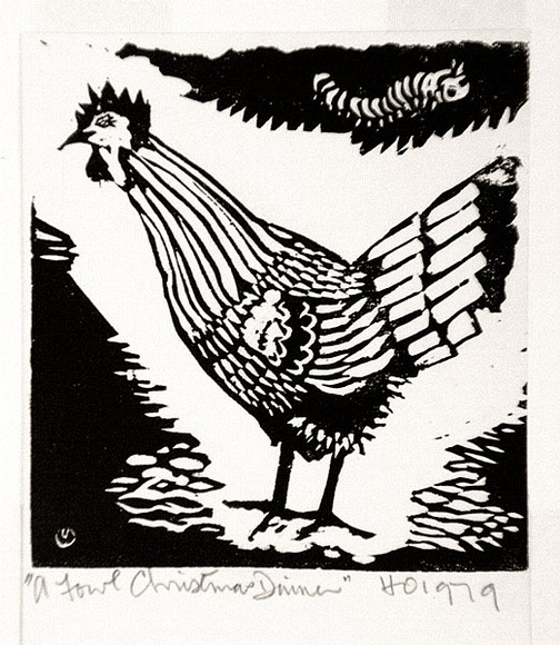 Artist: b'OGILVIE, Helen' | Title: b'Greeting card: A fowl Christmas dinner' | Date: 1979 | Technique: b'linocut, printed in black ink, from one block'