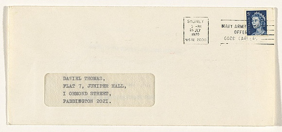 Artist: b'MILLISS, Ian' | Title: b'(Letter to Daniel Thomas containing Unknown mailing piece)' | Date: 1970 | Technique: b'envelope, addressed, stamped and franked; pen and ink'