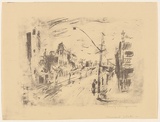 Artist: b'MACQUEEN, Mary' | Title: b'George Street, Fitzroy' | Date: 1958 | Technique: b'lithograph, printed in black ink, from one plate' | Copyright: b'Courtesy Paulette Calhoun, for the estate of Mary Macqueen'