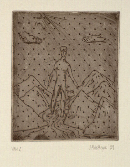 Artist: b'Palethorpe, Jan' | Title: b'not titled [figure standing in stream in mountains]' | Date: 1989 | Technique: b'etching, printed in black ink, from one plate'
