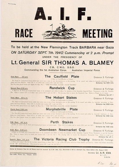Artist: b'UNKNOWN' | Title: b'A.I.F. Race Meeting. To be held at the New Flemington Track Barbara near Gaza.' | Date: 1940 | Technique: b'letterpress, printed in black ink, from type'