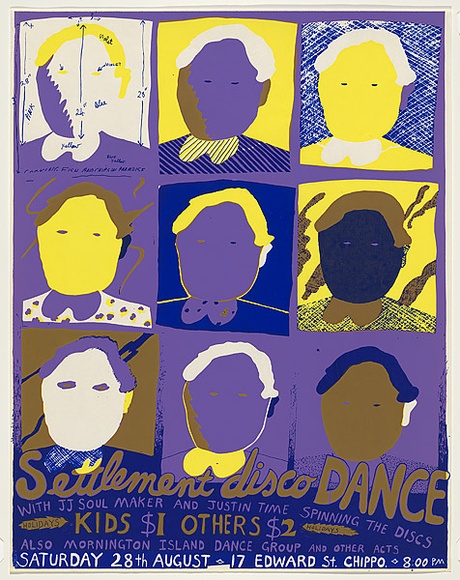 Artist: b'WORSTEAD, Paul' | Title: b'Settlement Disco Dance.' | Date: 1976 | Technique: b'screenprint, printed in colour, from four stencils in purple, yellow, brown and blue ink' | Copyright: b'This work appears on screen courtesy of the artist'