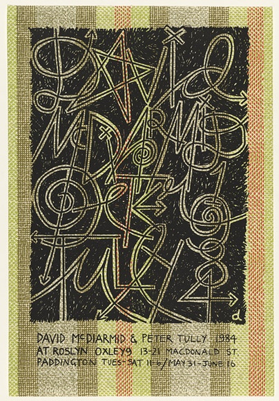 Artist: b'McDiarmid, David.' | Title: b'Exhibition poster: David McDiarmid & Peter Tully 1984 at Roslyn Oxley (green background)' | Date: 1984 | Technique: b'screenprint' | Copyright: b'Courtesy of copyright owner, Merlene Gibson (sister)'