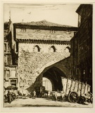 Artist: b'LINDSAY, Lionel' | Title: b'The town gate, Burgos' | Date: 1928 | Technique: b'drypoint, printed in brown ink with plate-tone, from one plate' | Copyright: b'Courtesy of the National Library of Australia'