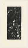 Artist: AMOR, Rick | Title: not titled (large raven and cowering man 3). | Date: (1990) | Technique: woodcut, printed in black ink, from one block