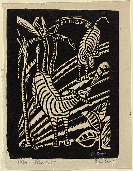 Artist: b'Craig, Sybil.' | Title: b'Zebras.' | Date: 1936 | Technique: b'linocut, printed in black ink, from one block'