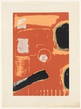 Title: b'no title [black shapes over orange ground]' | Date: c.1975 | Technique: b'screenprint, printed in colour, from four stencils'