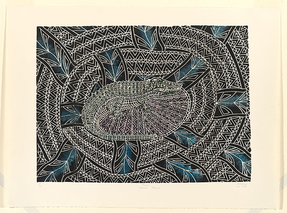 Artist: b'Gela, Anne.' | Title: b'Koedal: crocodile hatching' | Date: 1993 | Technique: b'linocut, printed in black ink, from one block; hand-coloured'