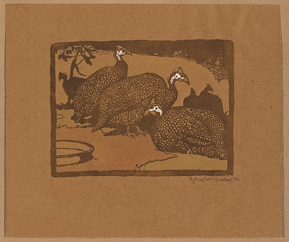 Artist: b'Waller, M. Napier.' | Title: b'Guinea fowls' | Date: 1923 | Technique: b'linocut, printed in brown ink, from one block; hand-coloured'