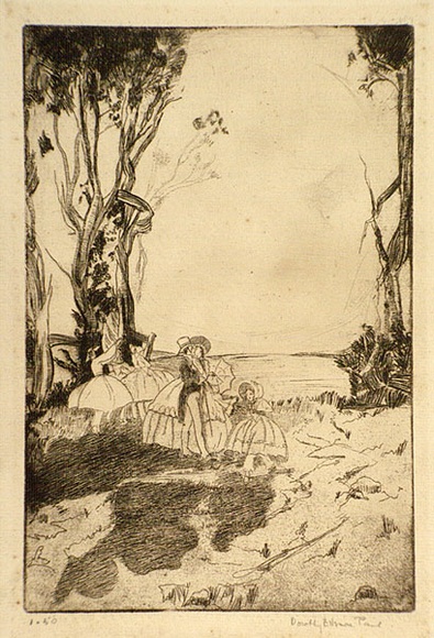 Artist: Paul, Dorothy Ellsmore. | Title: (Picnic by the shore) | Date: c.1930 | Technique: etching and foul biting, printed in brown ink with plate-tone, from one plate