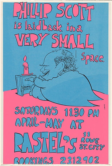 Artist: b'Cook, Patrick.' | Title: bPhillip Scott is laid back in a very small space... Pastel's. | Date: 1983 | Technique: b'screenprint, printed in colour, from three stencils'