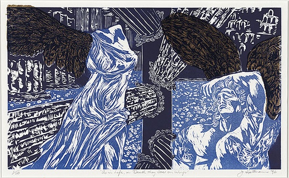 Artist: b'Hartmann, Joan.' | Title: b'As in life, in death they soar on wings' | Date: 1996 | Technique: b'linocut, printed in colour, from multiple blocks; with gold leaf'