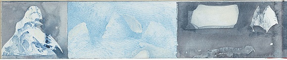 Artist: b'SCHMEISSER, Jorg' | Title: b'My first little book from the voyage to the ice on the Aurora Australis.' | Date: 1999 | Technique: b'engraving, printed in blue ink, from multiple polycarbonate sheets;  watercolour, gouache and pencil' | Copyright: b'\xc2\xa9 J\xc3\xb6rg Schmeisser'