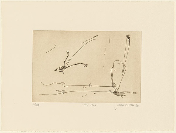 Artist: b'Olsen, John.' | Title: b'The leap' | Date: 1975 | Technique: b'etching, printed in black ink, from one zinc plate' | Copyright: b'\xc2\xa9 John Olsen. Licensed by VISCOPY, Australia'