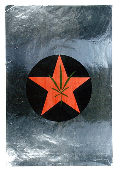 Artist: b'LITTLE, Colin' | Title: b'Free Nations flag. (Poster of Marijuana leaf on red star)' | Technique: b'screenprint, printed in colour, from multiple stencils'