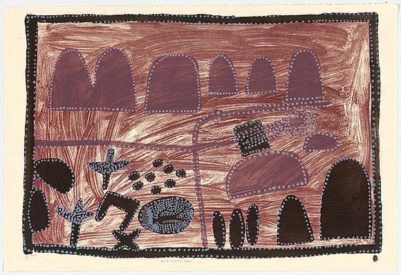 Artist: b'McKenzie, Queenie' | Title: b'Rover Thomas story' | Date: 1995 | Technique: b'lithograph, printed in colour, from multiple plates'