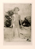 Artist: b'Reynolds, Frederick George.' | Title: b'(Young girl on a beach)' | Date: c.1928 | Technique: b'drypoint, printed in black ink with plate-tone, from one plate'