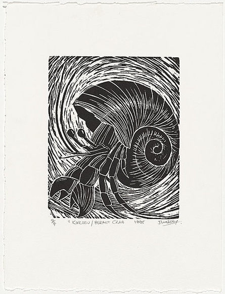 Artist: b'Lindsay (Sale), Joe.' | Title: b'Kokosu / Hermit crab' | Date: 1995 | Technique: b'woodcut, printed in black ink, from one block'