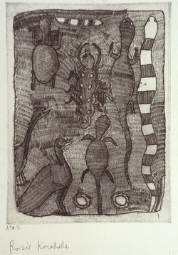 Artist: Karadada, Rosie. | Title: not titled #1 [centipede, goanna, snake, turtle and birds] | Date: 1995, proofed | Technique: etching, printed in black ink, from one plate