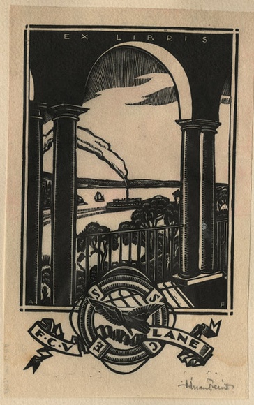 Artist: b'FEINT, Adrian' | Title: b'Bookplate: F C V Lane.' | Date: (1931) | Technique: b'wood-engraving, printed in black ink, from one block' | Copyright: b'Courtesy the Estate of Adrian Feint'