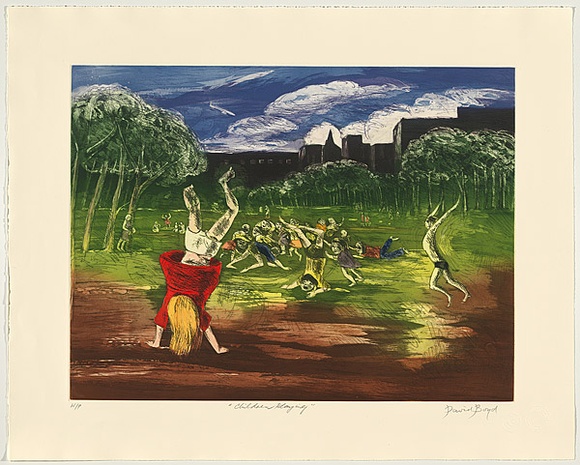 Title: b'Children playing' | Date: 2002 | Technique: b'hardground, aquatint, burnishing, colour roll and inked a-la-poupee, printed in colour, from two copper plates'