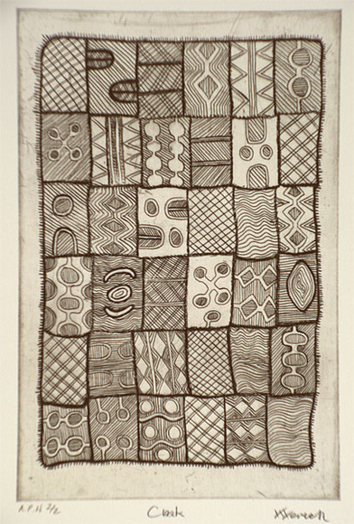 Artist: b'Berick, Wendy Watjera.' | Title: b'Cloak' | Date: 1999, April | Technique: b'etching, printed in black ink, from one plate'