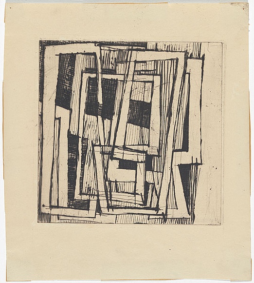 Artist: b'MADDOCK, Bea' | Title: b'Woven forms' | Date: 1959 | Technique: b'drypoint and etching, printed in black ink, from one copper plate'