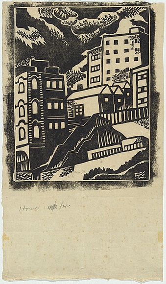 Artist: b'Weitzel, Frank.' | Title: b'Houses.' | Date: c.1928 | Technique: b'linocut, printed in black ink, from one block'