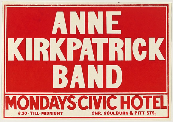 Artist: b'UNKNOWN' | Title: b'Anne Kirkpatrick band' | Date: 1978 | Technique: b'screenprint, printed in colour, from multiple stencils'