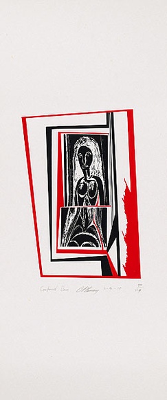 Artist: b'Lamang, Kambau Namaleu.' | Title: b'Confused stare' | Date: 1975 | Technique: b'screenprint, printed in red and black ink, from two stencils'