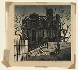 Title: b'The dead house' | Technique: b'linocut, printed in black and blue ink, from two blocks'