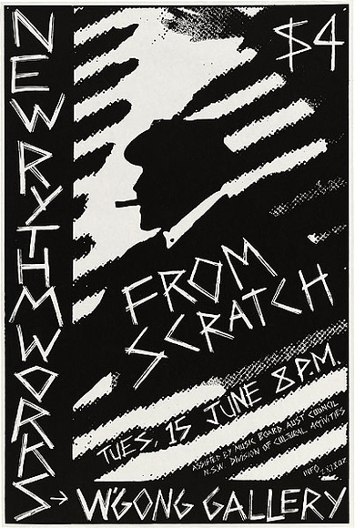 Artist: b'REDBACK GRAPHIX' | Title: b'From scratch.' | Date: 1983, before 23 March | Technique: b'screenprint, printed in black ink, from one stencil' | Copyright: b'\xc2\xa9 Michael Callaghan, Redback Graphix'