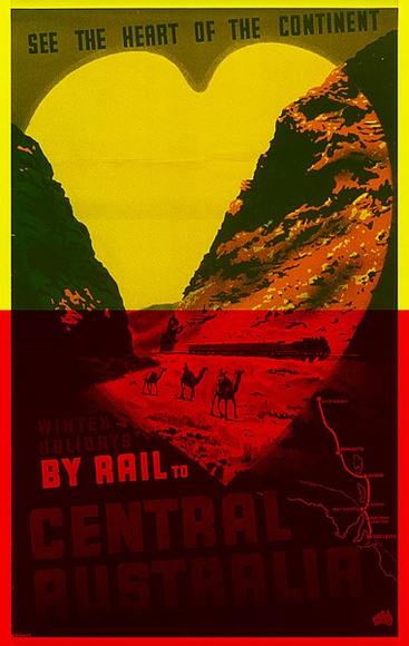 Title: b'Winter holidays by rail to central Australia' | Technique: b'offset-lithograph, printed in colour, from multiple plates'