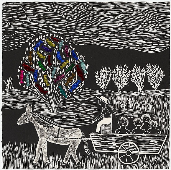 Artist: b'Nannup, Laurel.' | Title: b'The lollie tree.' | Date: 2001 | Technique: b'woodcut, printed in black ink, from one block; chine colle and collage' | Copyright: b'\xc2\xa9 Laurel Nannup'